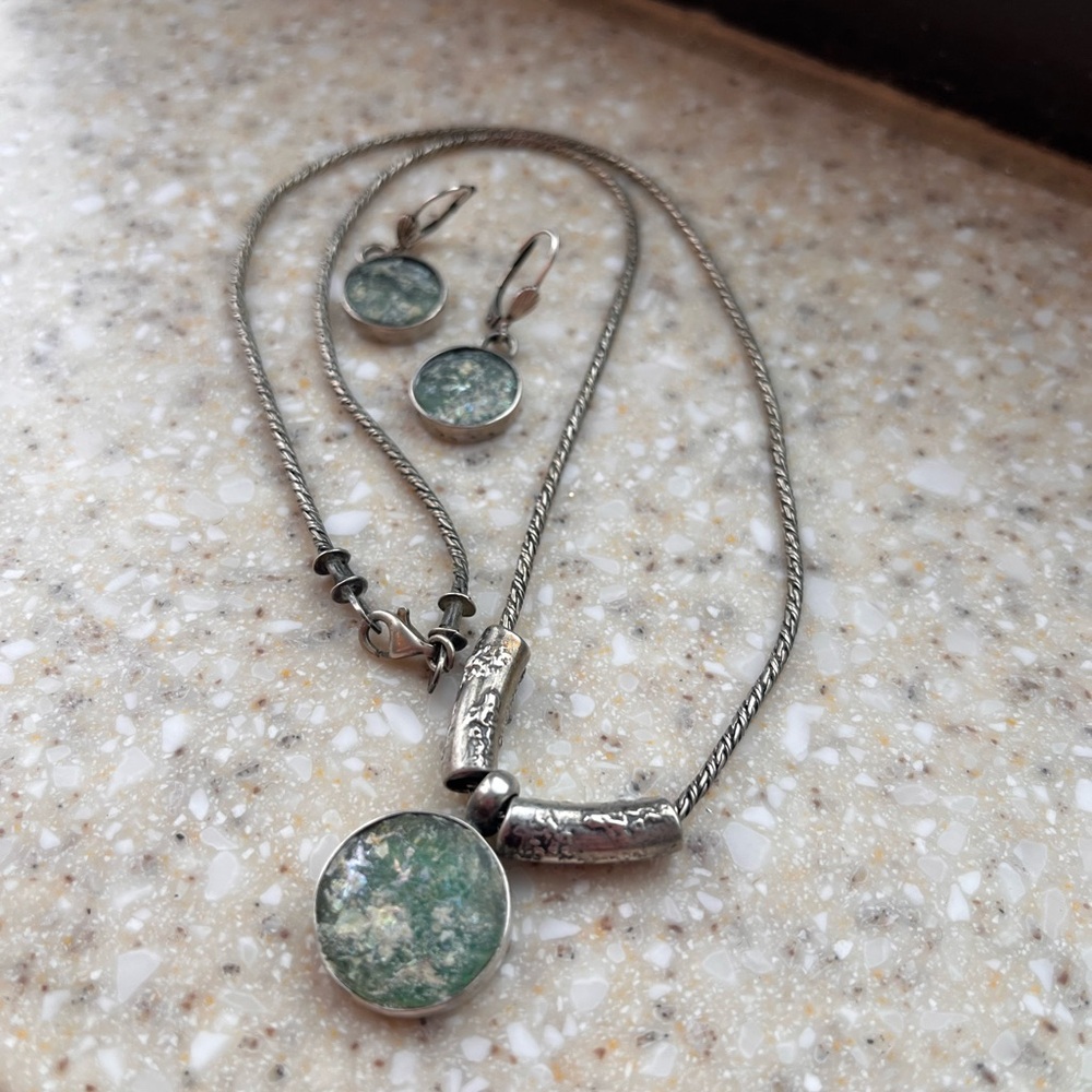 Roman Glass Sterling Silver Necklace and Earrings Set-Vintage - Picture 3 of 6